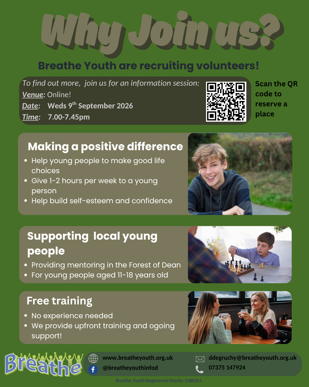 Breathe Volunteer Recruitment information session. 9th September 2026 7pm-7.45pm. www.breatheyouth.org.uk